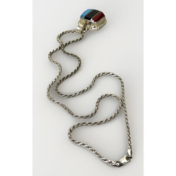 Vintage Taxco Sterling Silver Inlay Pendant Necklace – Coral Onyx Turquoise- 27” - Picture 8 of 16